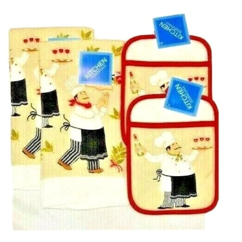 Pasta and Wine Fat Chef 2 Kitchen Towels 2 Pocket Potholders Mitt Tan Red NEW